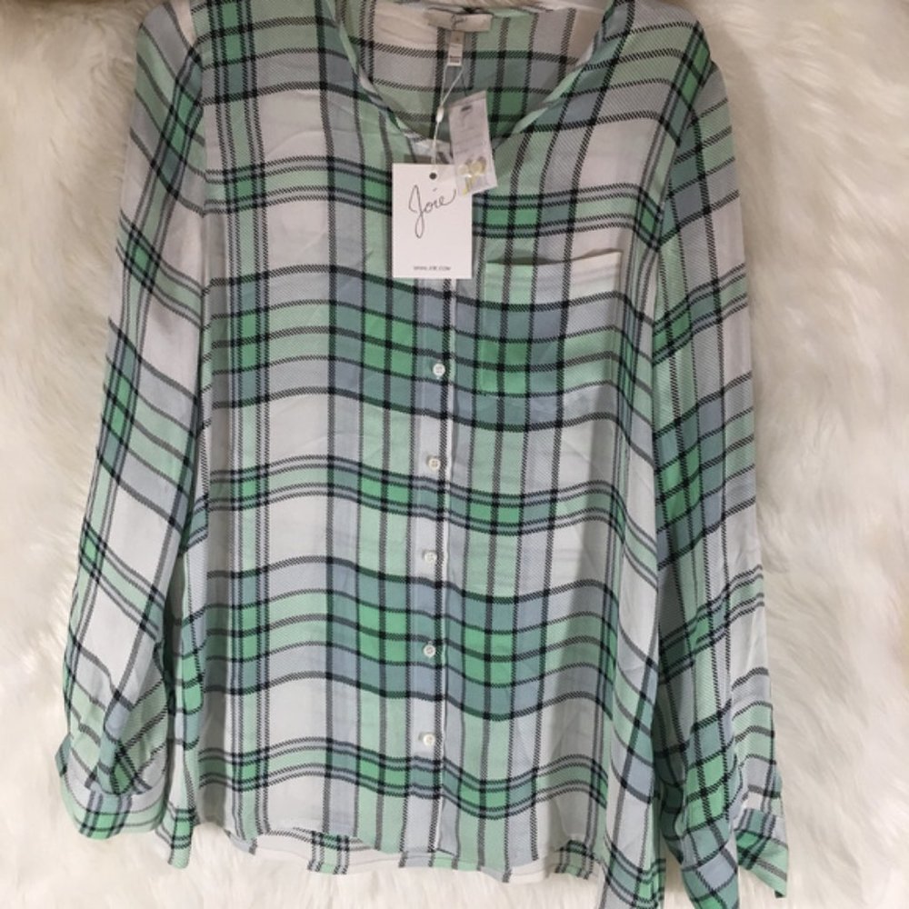 Joie NWT Sheer Plaid Tunic Green White Black Small